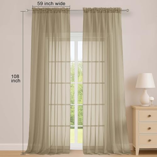 Image of OWENIE Sheer Taupe Curtains 108 Inches Long for Living Room Bedroom 2 Panels Set, Lightweight Airy Taupe Sheer Curtain, Filmy Voile Rod Pocket, 2 PCS, Each 59 inch W x 108 inch L