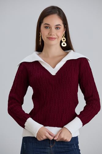 Image of Sweaters for Women Fashion Long Sleeve Lapel Collar V Neck Casual Knit Color Block Pullover Sweater