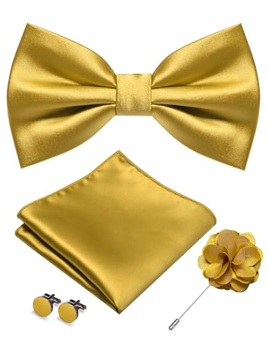 Image of RBOCOTT Solid Color Bow Tie and Pocket Square with Lapel Pin Cufflinks Set 4PCS