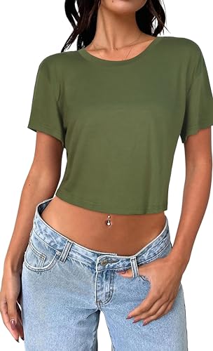Image of Womens Summer Crop Tops Short Sleeve Round Neck T-Shirts Loose Fit Casual Blouse 2026
