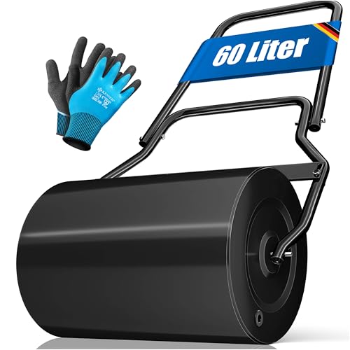 KESSER® Rasenwalze Metall befüllbar mit Wasser oder Sand mit 60 Liter Füllvolumen & 50cm breit | Gartenwalze inklusive Handschuhe | Handwalze Rasenroller Ackerwalze Walze in Braun