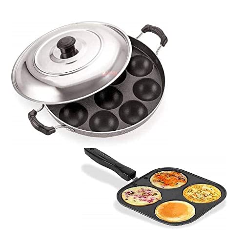 Image of KSJ Non Stick Aluminium Appam Maker Pan | Appam Pan | Idli Maker | Pancake Maker with Side Handle Lid Cover | Ponganal Maker Pan (Mini Uttapam & Appam Pan)