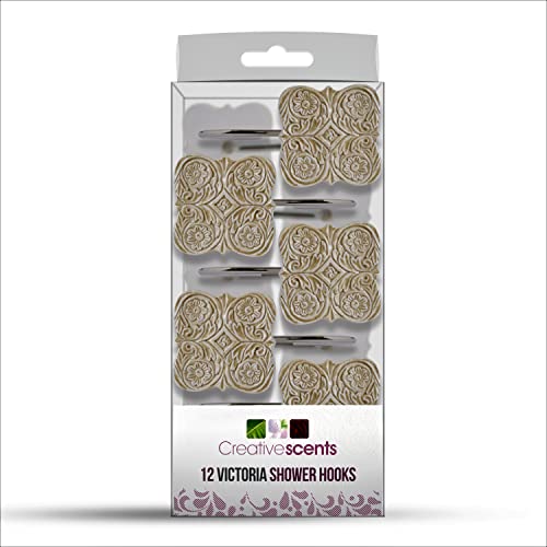 Creative Scents Beige Shower Curtain Hooks - Set Of 12 Shower Curtain Rings For Bathroom Shower Rod - Decorative Shower Hooks For Shower Curtain, Sturdy Shower Rings For Curtain (Victoria Collection) #TOP4