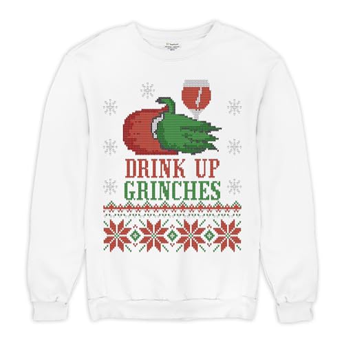 Tee Hunt Drink Up Grinches Suéter feio Festa de Natal Bebendo Gola Redonda, Branco, M