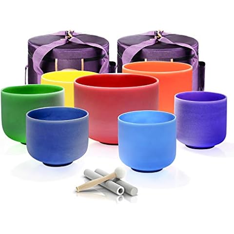 TOPFUND 432Hz Chakra Set of 7 Colored Crystal Singing Bowls 7-12 inch with Heavy Duty Carrying Cases and Singing Bowl Mallet Suede Strikers Cover