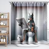 Reateforin Lustiger H&e-Duschvorhang – Dobermann auf Toilette, zum Lesen von Zeitungen, ästhetisch, silbergrau, 183 x 183 cm, Badezimmervorhang