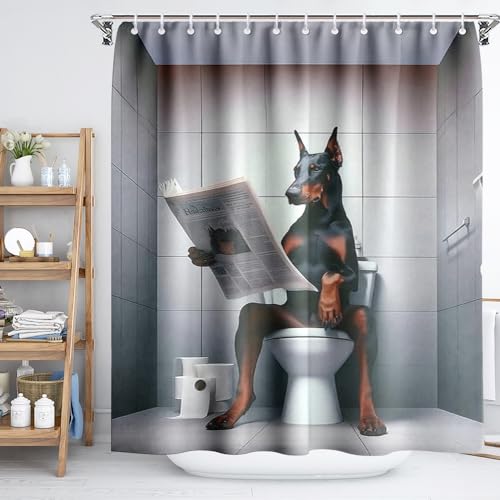 Reateforin Lustiger H&e-Duschvorhang – Dobermann auf Toilette, zum Lesen von Zeitungen, ästhetisch, silbergrau, 183 x 183 cm, Badezimmervorhang