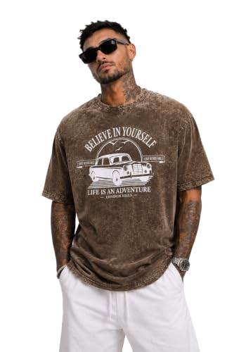 Image of London Hills Men's Oversized t Shirt for Men Graphic T-Shirt | Acid Wash Printed Men T-Shirts | Tshirt for man Round Neck Half Sleeve Pure Cotton Casual Mens tees | Off Shoulder Tshirt Shirts man