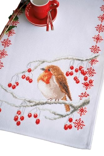 Vervaco Embroidery Kits Cross Stitch Table Runner DIY Kit, Tablecloth to Embroider with Embroidery Image in Modern Design, Cotton and Embroidery Thread, 12,8 x 33,6 Inches, Robin