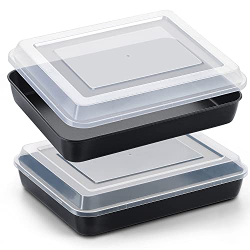 Lianyu Baking Pan With Lid, 12⅖ X 9¾ X 2 Inch Stainless Steel Square Rectangle Cake Pan, Black Nonstick Roasting Lasagna Pan For Brownie Bread Chicken, 2 Pans + 2 Lids, Stackable & Oven Safe #TOP28