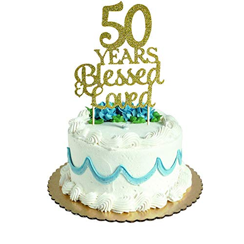 50 Years Blessed & Loved Cake Topper for 50th Birthday, Wedding Anniversary Party Decorations Gold Glitter