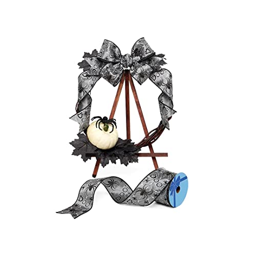 Image of Boo! Spiders Halloween Wired Ribbon - 2 1 /2 inch x 10 Yards, Gray & Black, White Webs, Bows, Wreath, Party Decor, Gift Basket, Classroom, Office, Haunted House
