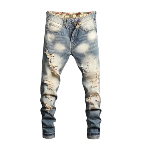 Men Retro Distressed Ripped Slim Jeans Hip-Hop Stretch Straight Motorcycle Denim Trousers