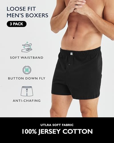 Giovici Mens Boxers Loose Fit Super Soft Cotton Shorts with Button Fly Underwear Tag-free Multipack (3/6 Pack) Black - 2