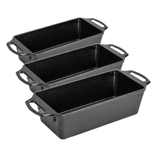 Lodge Cast Iron Loaf Pan 10 Inch | Pre-Seasoned | Dual Handles | Made in USA | Pack of 3