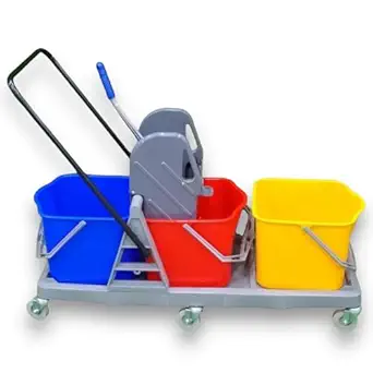 Triple Bucket Wringer Trolley | Hotel & Hospital Cleaning Three Bucket Trolley | Heavy Duty Floor Cleaner | Portable Mop Cart | 60 LTRS