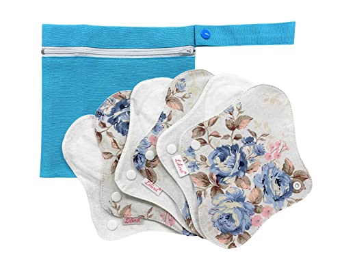 Lilind® Lot de 6 serviettes hygiéniques en tissu organique - 20 cm - Avec fermeture éclair - Sac étanche - Réutilisable - 100 % coton - Roses bleues Cover
