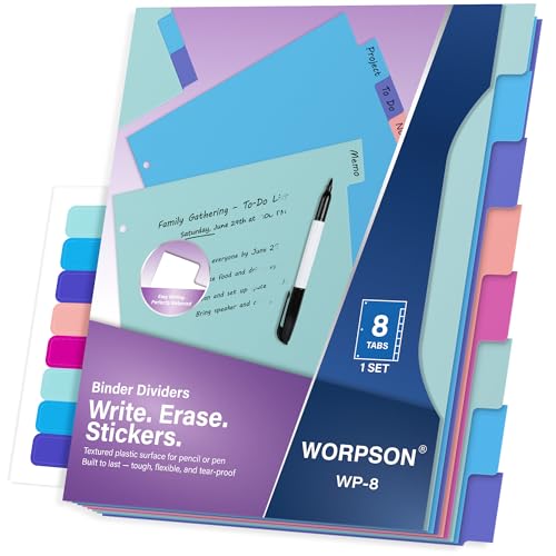 WORPSON 8 Tabs Durable Plastic Write & Erase Large Tabs Dividers for 3 Ring Binders, Rectangle Binder Dividers with Sticker for Study, Teacher, Office, Home Organizers (Multi A, 1 Set (8 Tab))