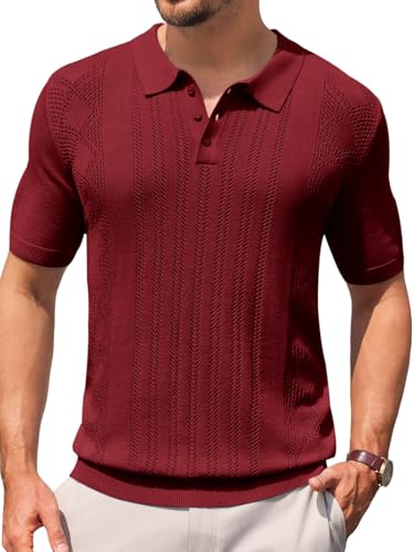 Runcati Mens Knit Polo Shirts Short Sleeve Slim Fit Casual Golf Shirts Hollow Out Cotton Summer Textured Tops