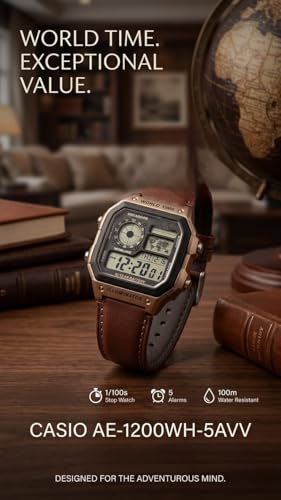 SRCAOMPE Digital Watch, World Time, Illuminator, Brown Leather Strap, Square Dial - Image 5