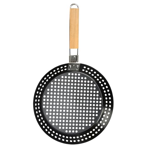 Bravich Non Stick Wok Pan. BBQ Grill Frying Pan with Removable Wooden Handle & Perforations for Barbecue, Camping & Outdoor Cooking. Metal Skillet Pan for Kitchen Cookware Accessories