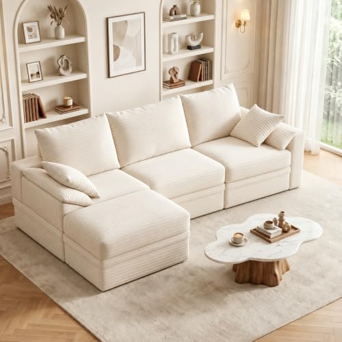 107" Modular Sectional Sofa Boneless Couch with Storage,L-Shape 3 Seat Comfy Modern Cloud Couch Sofa with Ottoman, 27" Deep Seat Corduroy Sofa for Living Room, Tool-Free Assembly - Beige - image 1