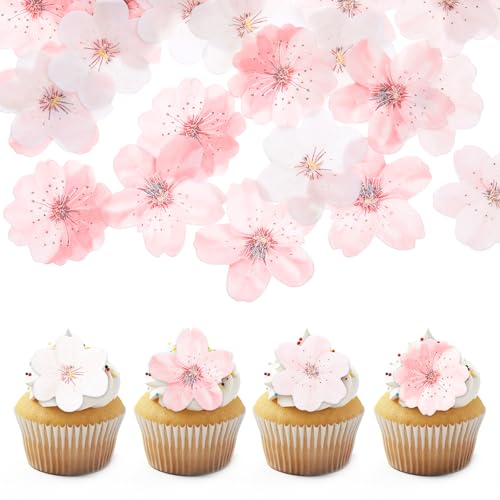 Giantree 50 piezas de flores comestibles para decoración de tartas, decoración de cupcakes de cerezo comestible, juego de flores rosas, papel de oblea de papel de arroz, flores para cóctel, baby