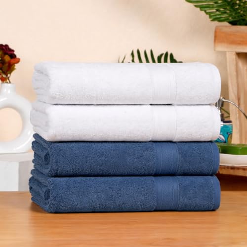 Image of Arvind 100% Cotton Towels for Bath | Towels for Bath Large Size | 500 GSM Bath Towel - Soft & Absorbent | 4 Piece Bath Towel for Men /Women | Urban Comfort | 70 cm x 140 cm - Dark Blue & White
