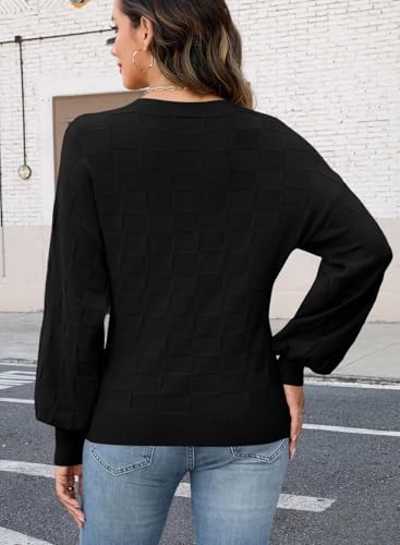 QACOHU Women's Fall Sweaters 2025 Crewneck Long Sleeve Casual Lightweight Checkered Knit Pullover Sweater Tops4