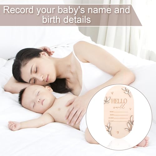 Image of Baby Announcement Sign for Newborn, 5.9 Inch Hello World Wooden Newborn Sign Boys Girls Birth Announcement Board Welcome Name Plaques for New Baby Photo Prop Nursery Hospital