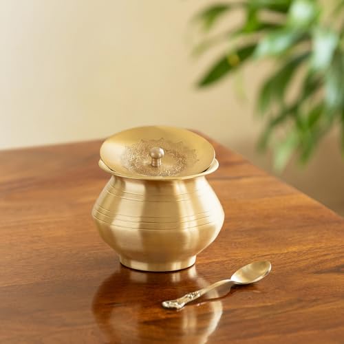 Image of ExclusiveLane 'Gleeming Ghee' Brass Ghee Pot With Spoon (100% Pure Brass, Hand-Etched, 380 ml) | Ghee Storage Jars for Kitchen Gheee Pot with Lid Gheee Dabba Dani