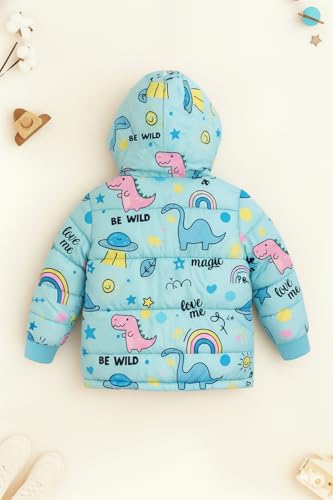 Image of Trampoline Kids Winter Jacket for Boys & Girls | Sky Blue Dino Magic Print Hooded Padded Jacket with Zip Closure