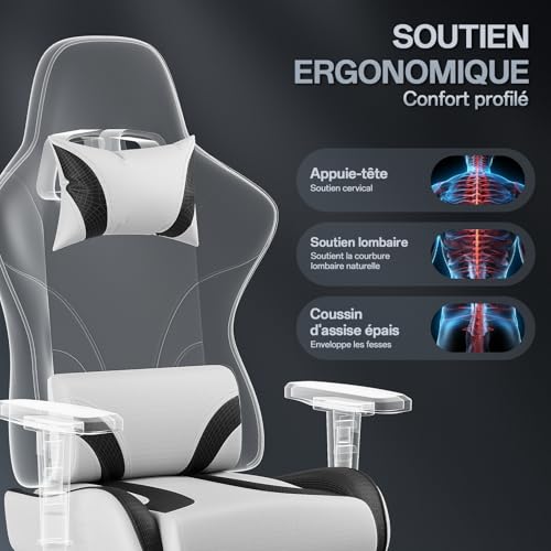 JUMMICO Chaise de Gaming avec Accoudoirs Réglables, Chaise de Bureau Érgonomique avec Repose-Pieds, Chaise Gamer avec Capacité de Charge 150 kg, Blanc – Image 5