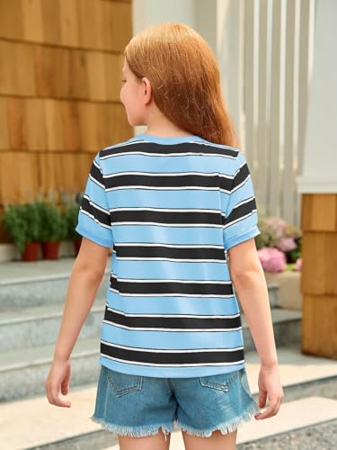 Image of Haloumoning Girls Striped Short Sleeve T Shirts Kids Summer Casual Tops Crewneck Tees Blouses 5-14Y