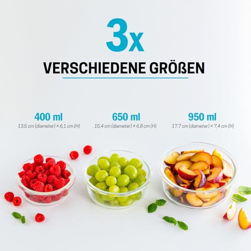 Foto von Igluu Meal Prep Runde Glas-Frischhaltedosen mit BPA-freiem Deckel (3er-Pack) – mikrowellen-, ofen-, gefrier-, spülmaschinengeeignet, auslaufsicher – 400 & 650 & 950 ml – robustes Borosilikatglas
