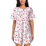 NImongt Rosa Flamingo Modello Stampa Donne Manica Corta Pigiama Set Casa Vacanza Leggero Traspirante Confortevole Sleepwear, Nero , L