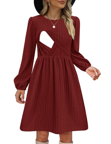 Image of CzzzyL Women Nursing Dress Long Sleeve Round Neck Maternity Flowy Knee Length Babydoll