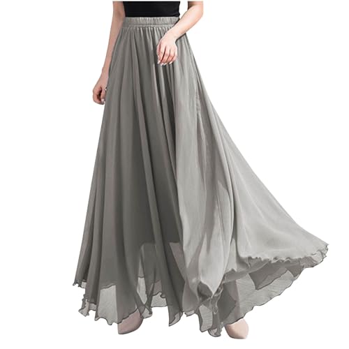Women Fashion Elegant Maxi Skirts Solid Color Elastic High Waist Long Skirt Summer Trendy Flowy Swing Chiffon Skirt