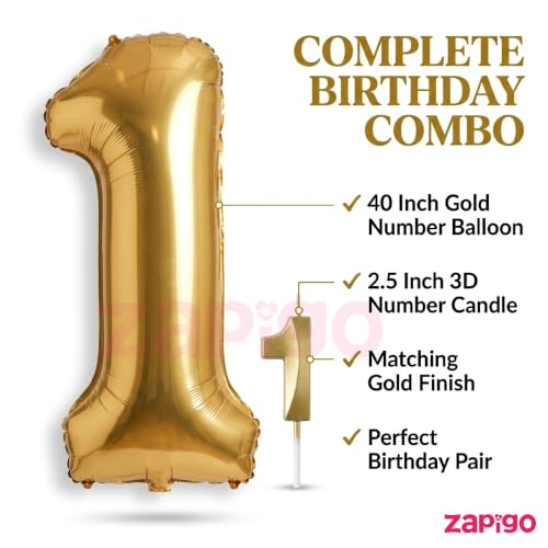Image of Balloonistics Gold 40-Inch Foil Number 5 Balloon with Matching Number Candle - Combo Set for 5th Birthday, Anniversary, Party Decoration, Photo Booth Backdrop