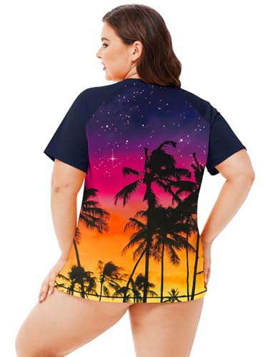 Image of AOBUTE Women Plus Size Rash Guard Zipper Short Sleeve SPF Swim Shirts