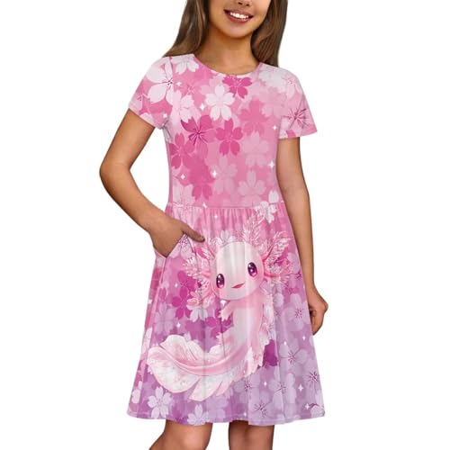Girls Dresses Size 2-14 Kids Summer Short Sleeve Beach Dresses Casual Midi Dress Crewneck A Line3