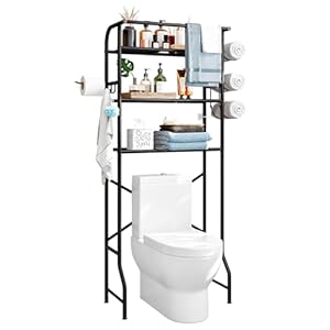 Over The Toilet Storage Metal 3 Tier Bathroom Organizer Shelf with Paper Holder Easy to Assemble & Space Saving (Black)