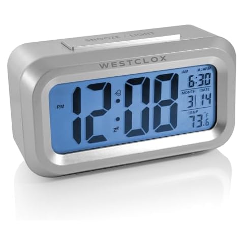 Westclox Alarm Clock with Large Digital Display and Blue Backlight on Demand, Westclox Alarm Clock, Month/Date and Temperature Display with Ascending 5 Minute Snooze Alarm, Silver Cover