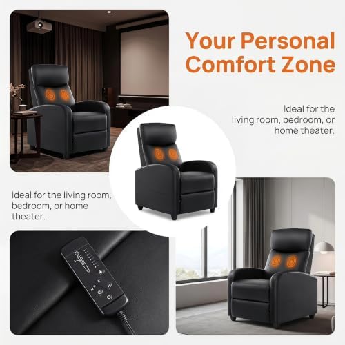 Image of Manual Massage Recliner Chair, Oversized Lazy Boy Reclining Couch Chair with Lumbar Heat & Adjustable Backrest, Single Recliner Sofa for Home Theater Seating, Living Room, Bedroom, Black