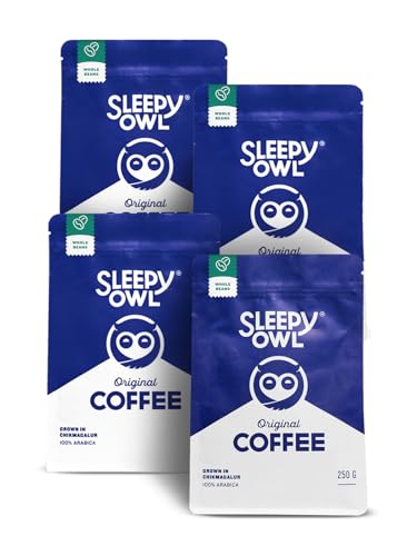 Image of Sleepy Owl Original Whole Coffee Beans Set Of 4|250 Gram X 4|Roasted Whole Bean Coffee|100% Arabica|Premium Beans For Office Coffee Machine, Packet, 1.220 Kilogram