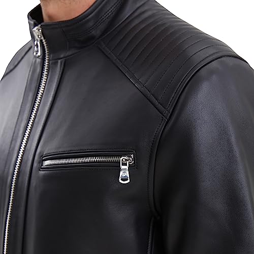 Leather Jacket Men,Lambskin Motorcycle Jacket, Black, Quilted Shoulders, Full Zip Front with Multiple Pockets3