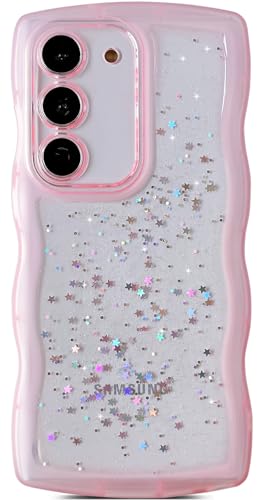Qokey for Galaxy S21 FE Case 6.4", Curly Wavy Anti-Slip Grip Design Transparent Bling Glitter Star Shiny Case Cute Clear Sparkly Bumper Protection Soft Phone Cover Case for Women Girls, Pink