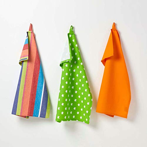 HOMESCAPES - Pure Cotton Tea Towels Set of Three - Stars - Lime Green Orange - 50 x 70 cm - Fully Coordinated Washable Kitchen Linen