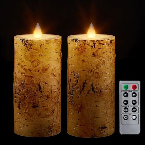 Image of Birch Bark Wax Flameless Candles with Remote Timer, Last 400-Hour with 2AA Batteries, 3D Moving Flame Led Candles, Set of 2(3''x6''), Remote Included(Birch bark).