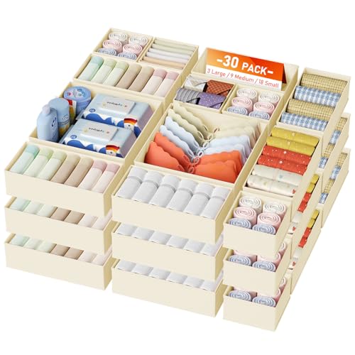DIMJ Drawer Organizer Clothes, 30 Pack Dresser Organizer, Foldable Closet Organizers and Storage, Fabric Dresser Bins, Drawer Dividers for Nursery, Baby Clothes, Underwears, Sock,Beige by DIMJ - Used condition - US$36.43
